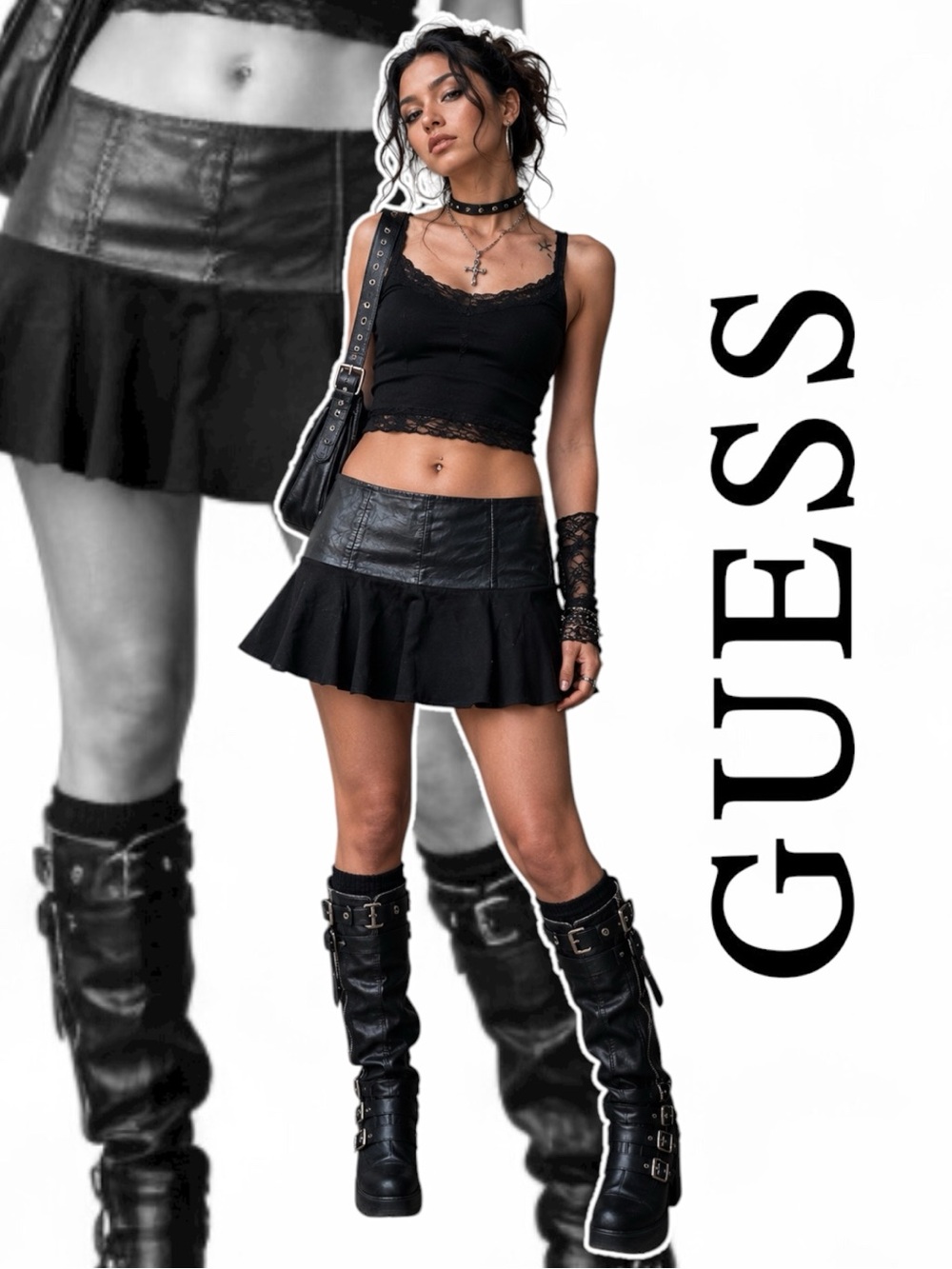 Y2K Guess Marciano Black Micro Mini Skirt • Faux Leather Waist Low rise